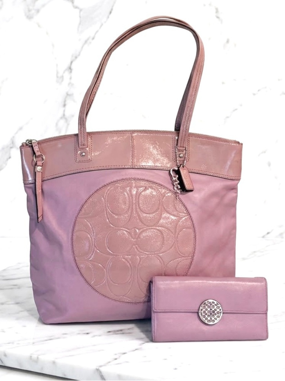 New Coach Laura Tote Pink Purple & Wallet Purse Shoulder Bag Patent Leather